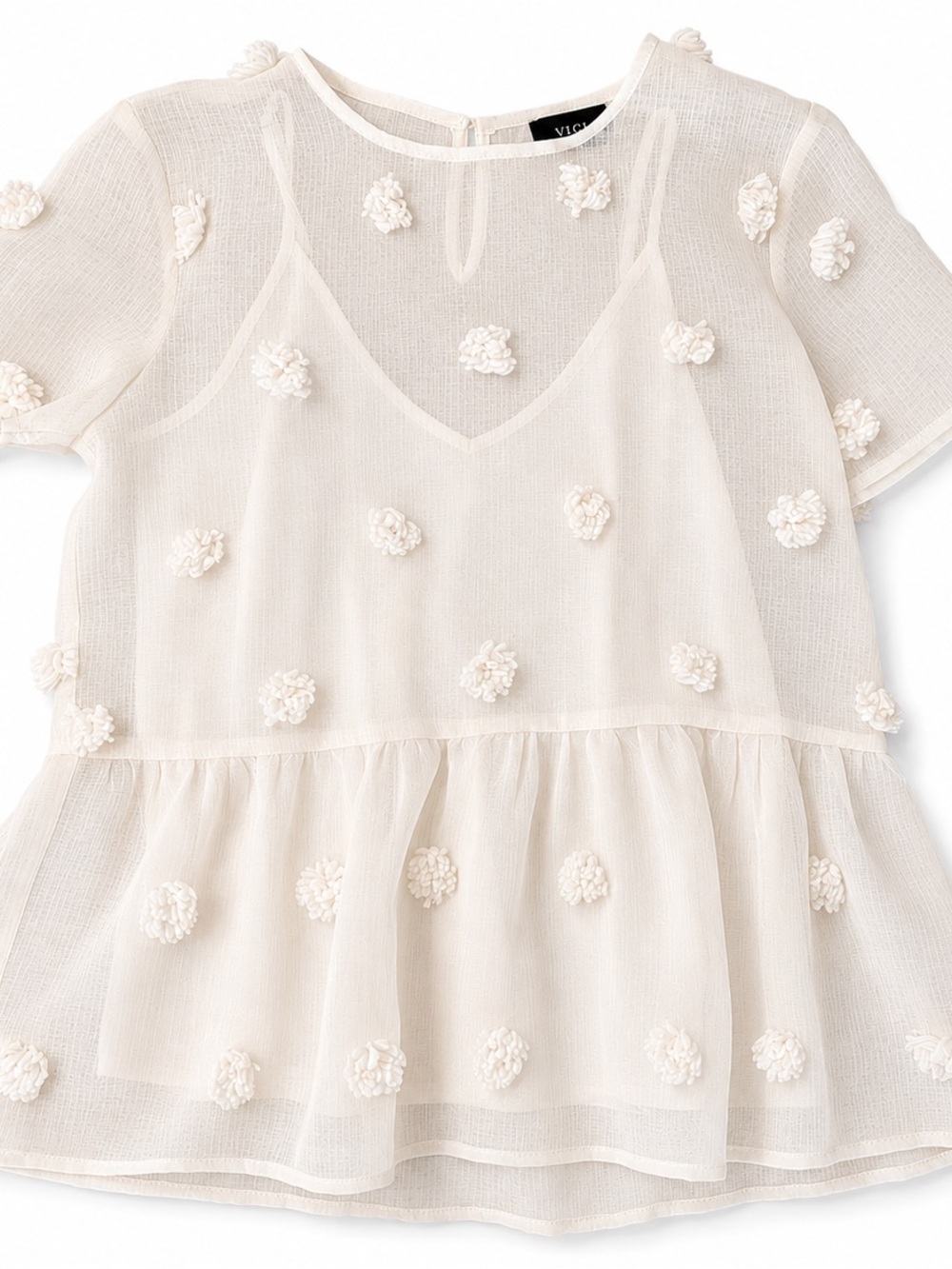 Vici Ivory Sheer Pom-Pom Peplum Top